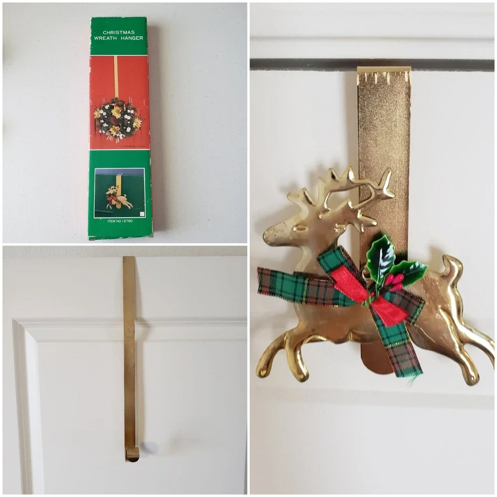 Vintage Reindeer Christmas Wreath Hanger Metal Gold Brass Tone